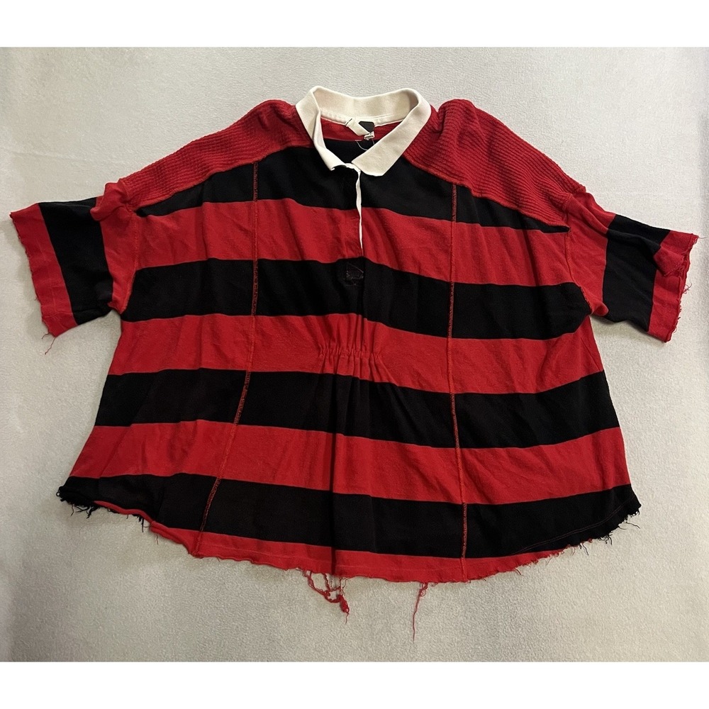 FREE PEOPLE Red Black Yuki Cotton Knit Stripe Polo Rugby Oversize Top M